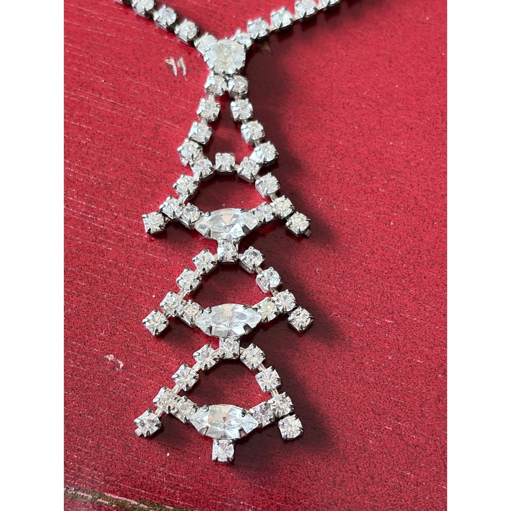 Vintage Rhinestone Geometric Pendant Necklace Stacked Lozenge Drop 14" Prom 50s